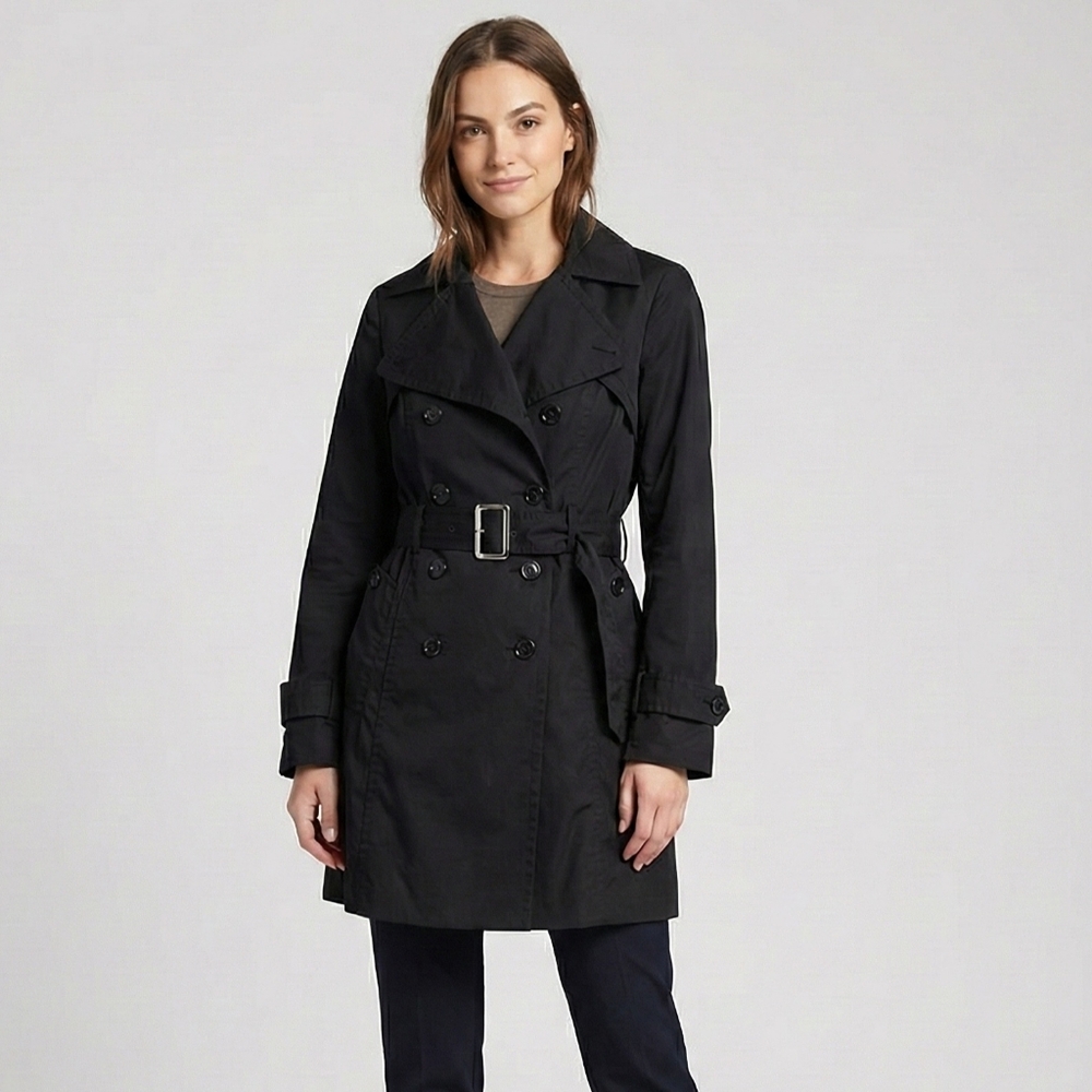 Theory Women's Black Double Breasted Trench Coat Belted Size P Petite Excellent